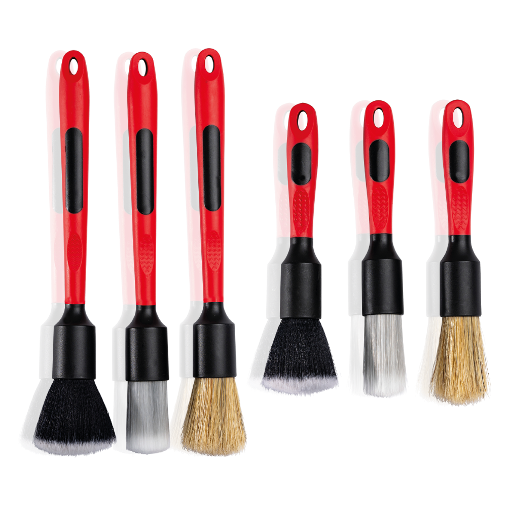 Safe-Shield Detailing Brush Set with six brushes in three bristle types