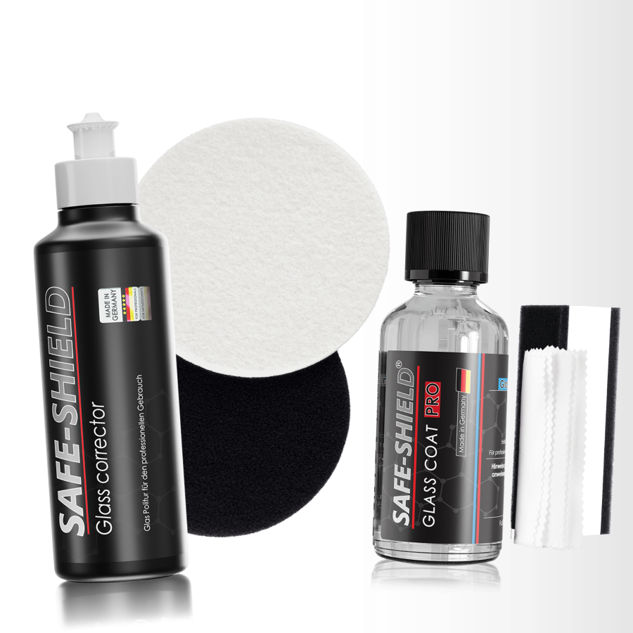Glas polieren und versiegeln Set mit Glass Corrector, Glass Coat PRO, zwei Filzpads und Applikator