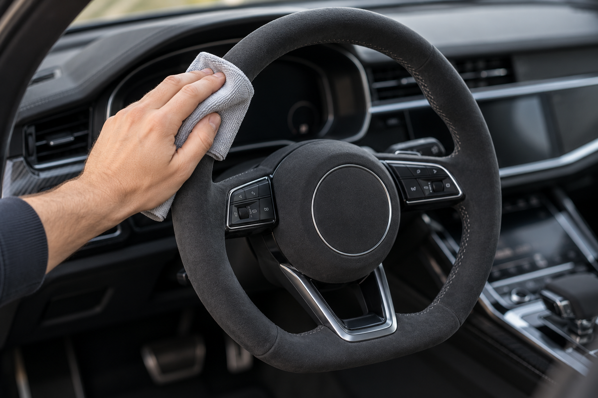 Illustration: gently cleaning an Alcantara steering wheel with a microfibre towel.