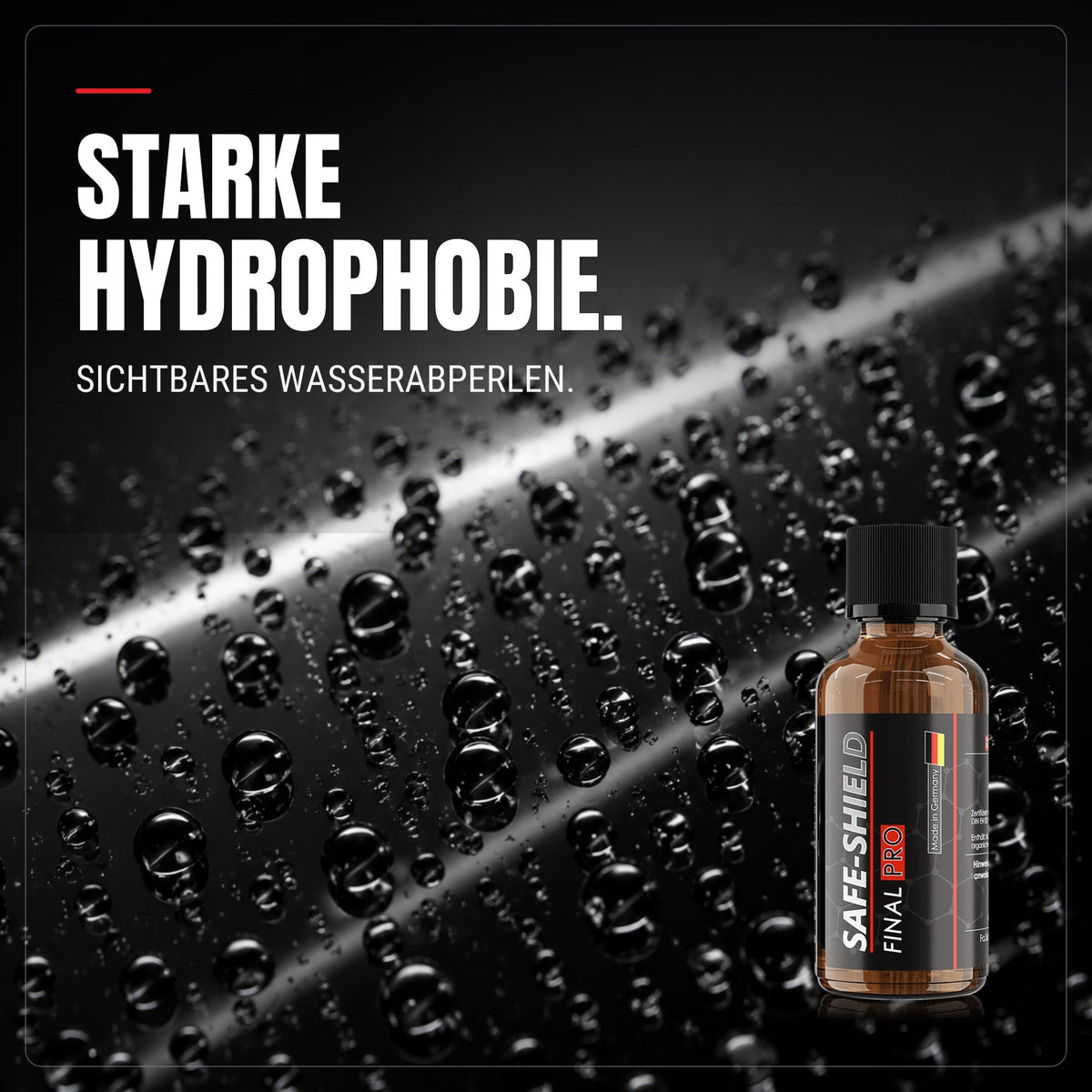 Water beads on dark car paint with Safe-Shield Final PRO, illustrating water repellency