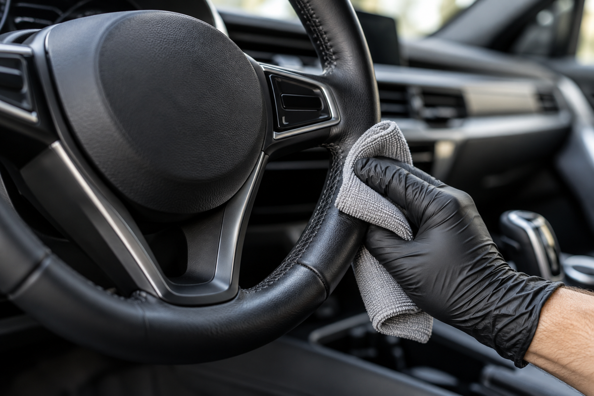 Illustration of a black leather steering wheel being cleaned with a microfibre towel