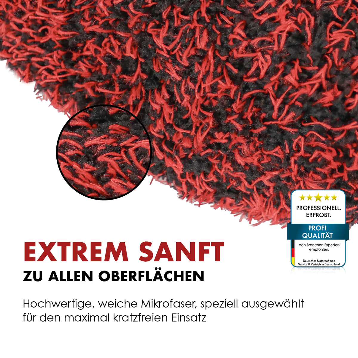 Nahaufnahme der weichen schwarz-roten Mikrofasern des Brush Cover