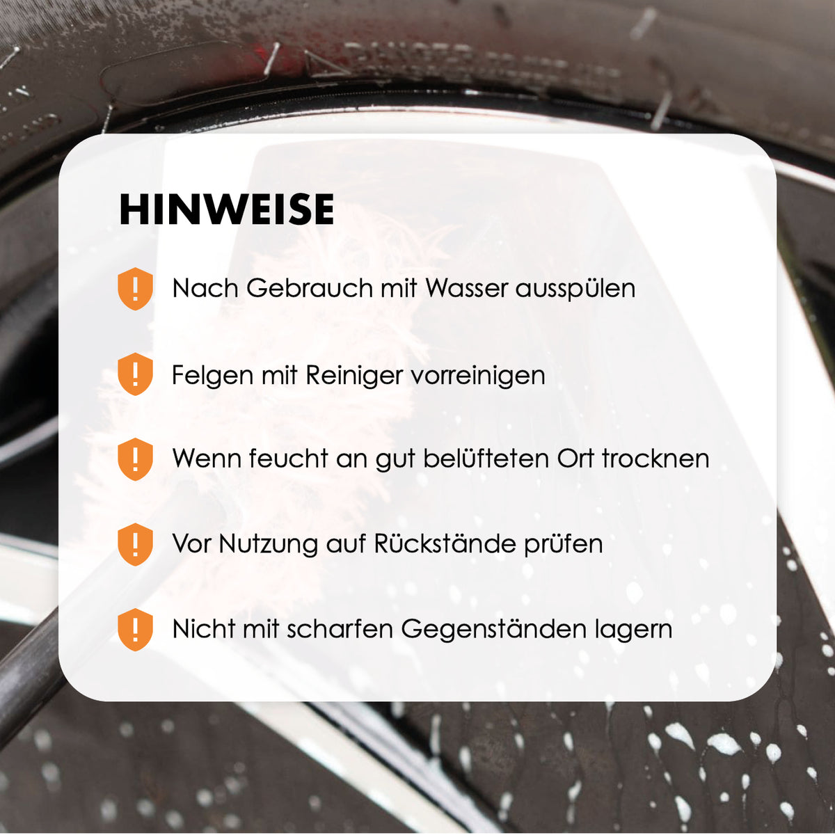 Pflegehinweise für die flache Felgenbürste: ausspülen, auf Rückstände prüfen und luftig trocknen