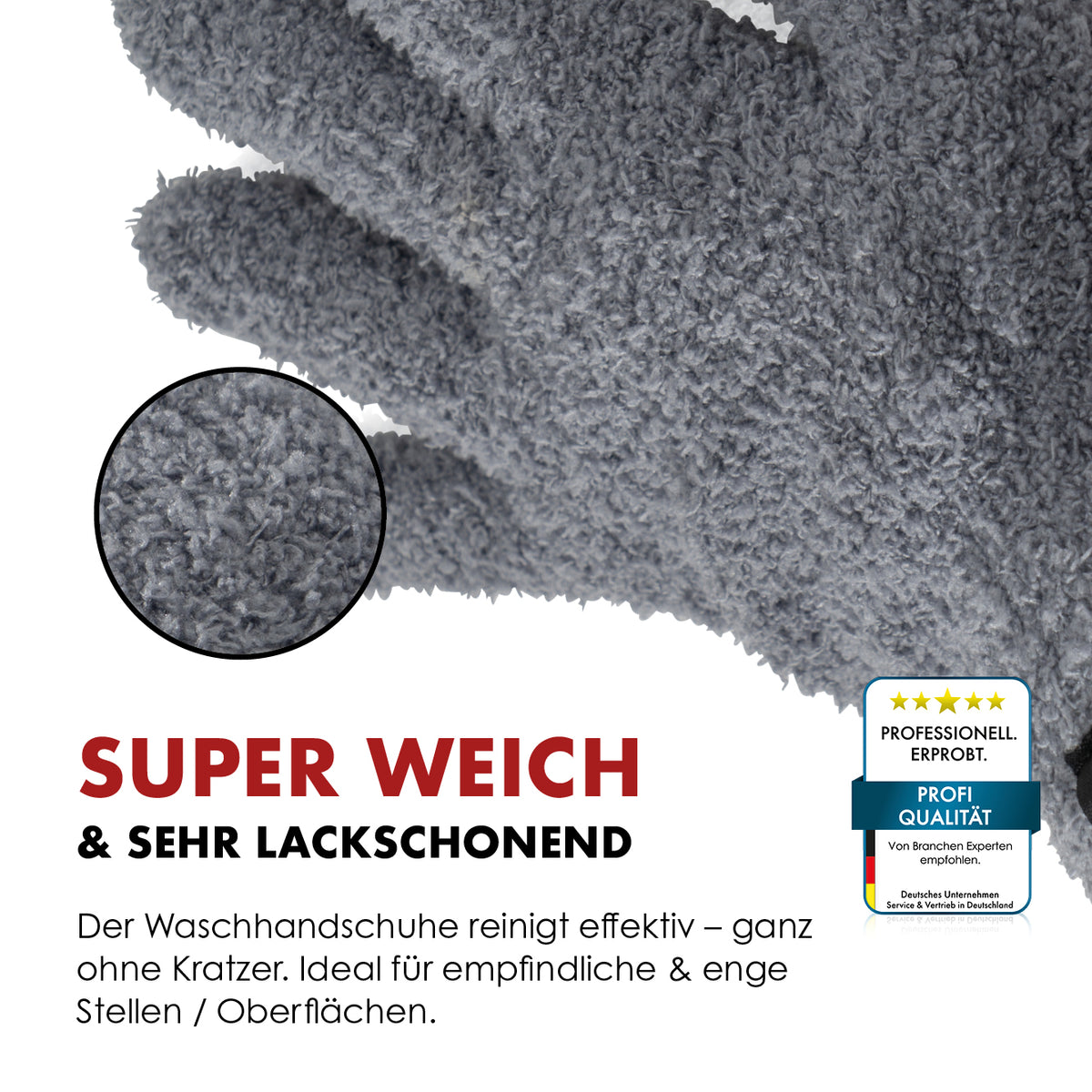 Close-up of a FingerFit Wash Glove's soft grey microfibre