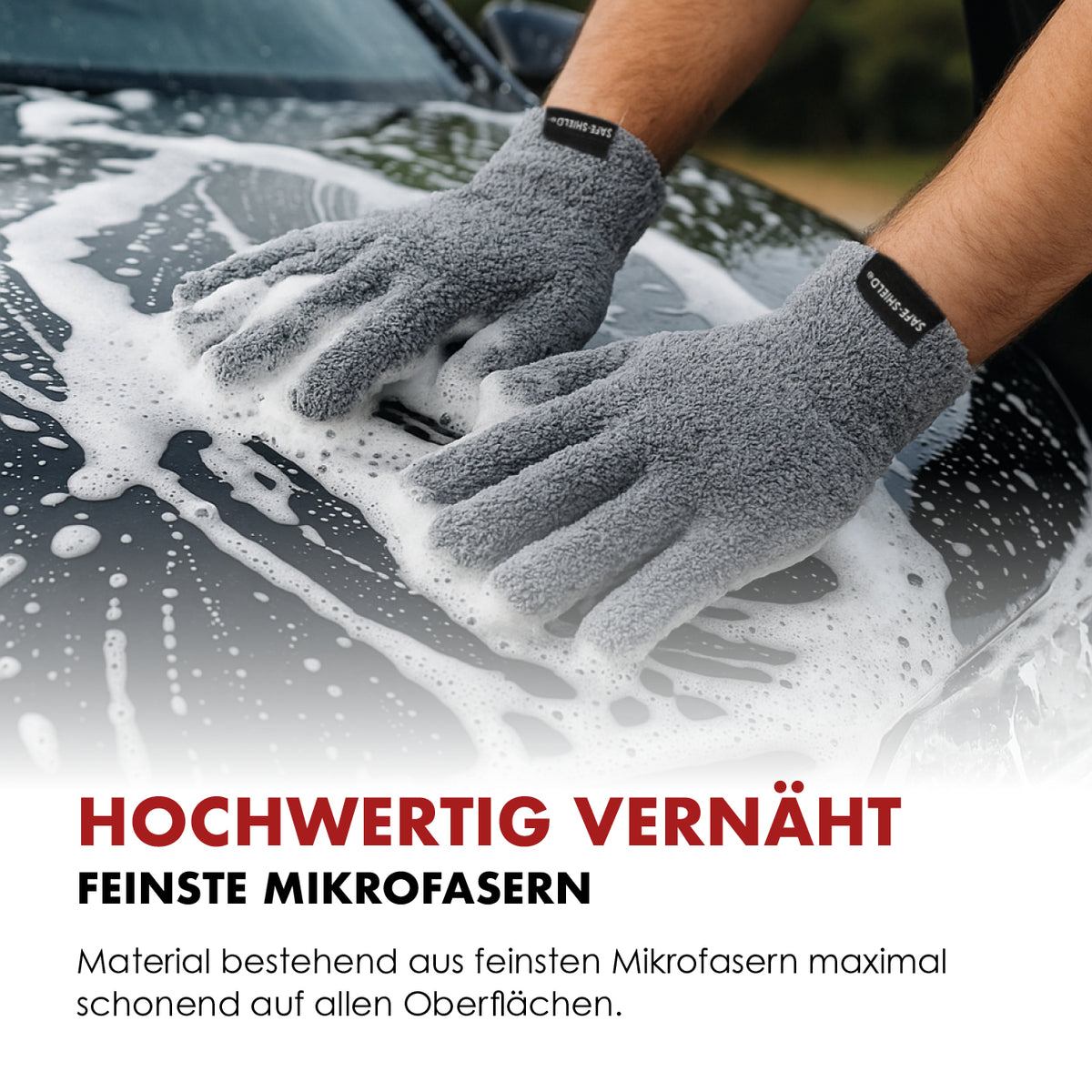 A pair of FingerFit Wash Gloves hand washing a foamed bonnet