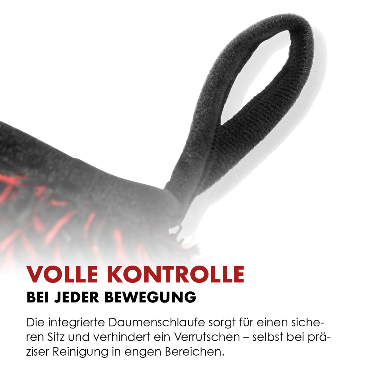 Detailansicht der Daumenschlaufe am Wheel Mitt für Halt bei der Felgenwäsche