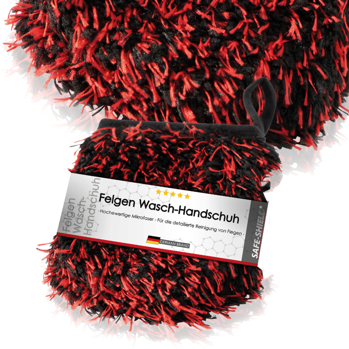 Wheel Mitt Felgen-Waschhandschuh mit Produktbanderole und Detailansicht der langen Mikrofasern