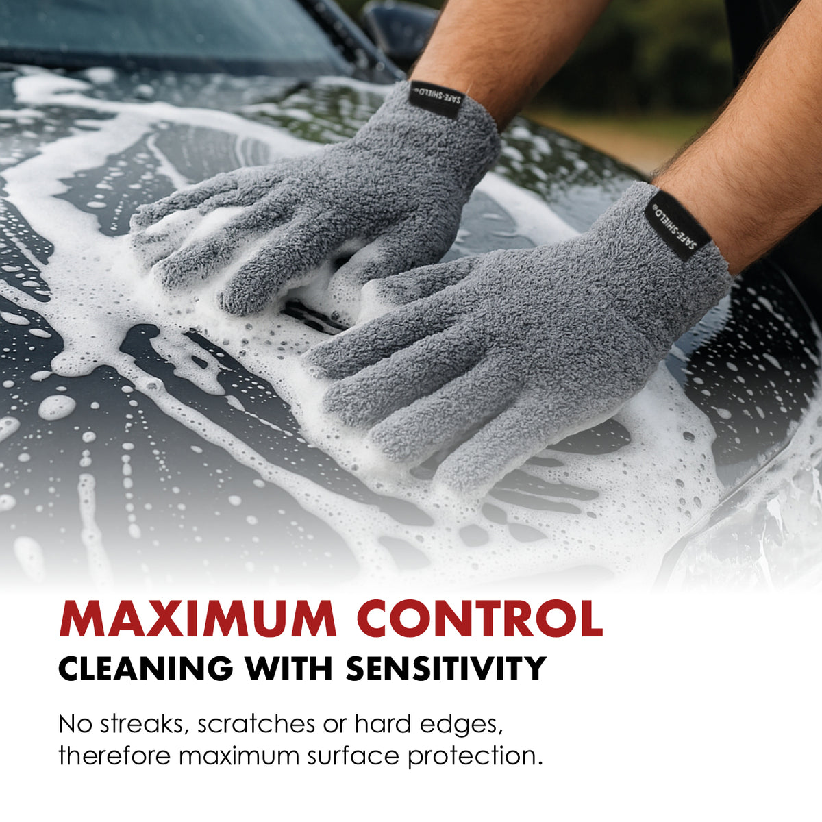 A pair of Safe-Shield FingerFit washing gloves cleaning a foamed car bonnet.
