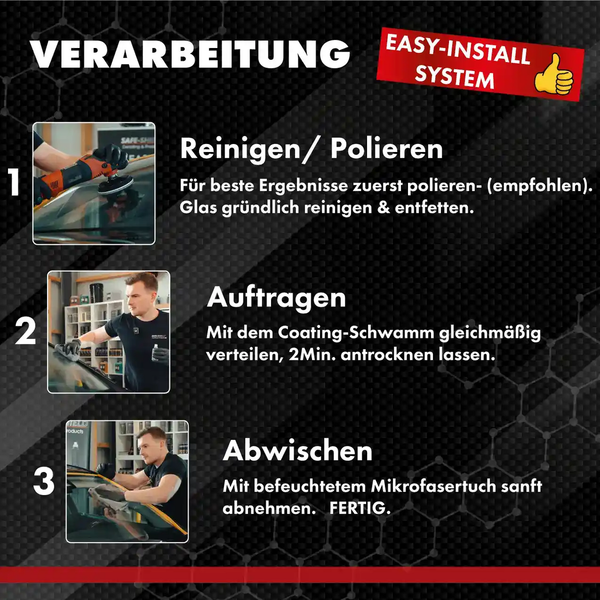 Fahrzeugglas vor und nach der maschinellen Politur mit Glass Corrector