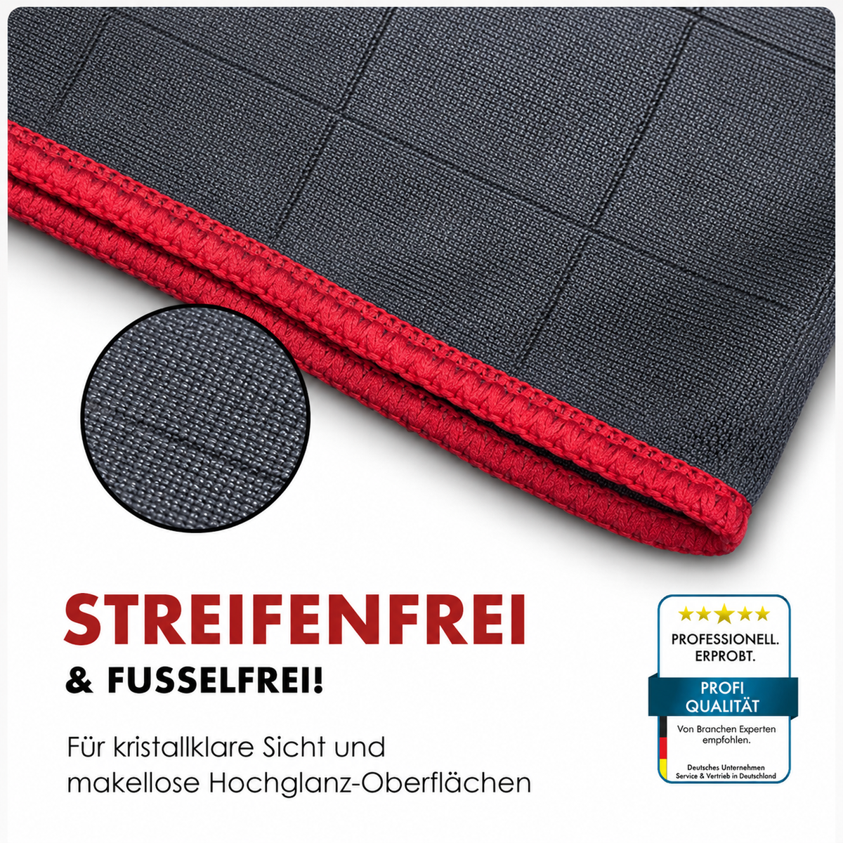 Nahaufnahme der Carbon-Mikrofaser und roten Randeinfassung des Glastuchs