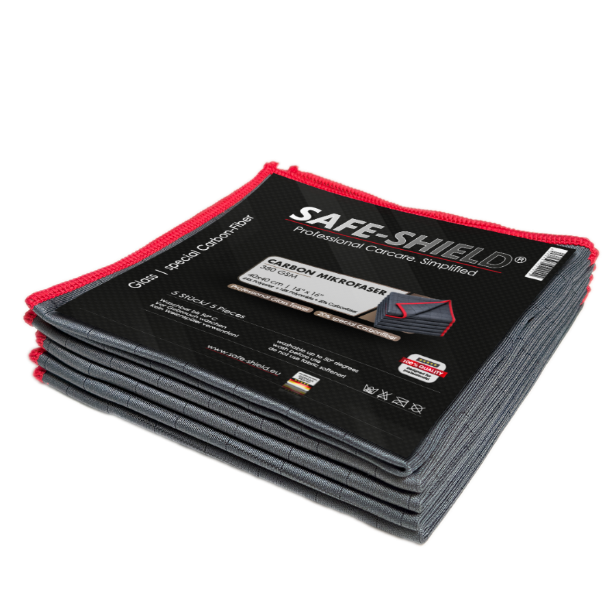 Safe-Shield Carbon-Glastücher mit roter Randeinfassung und Produktbanderole