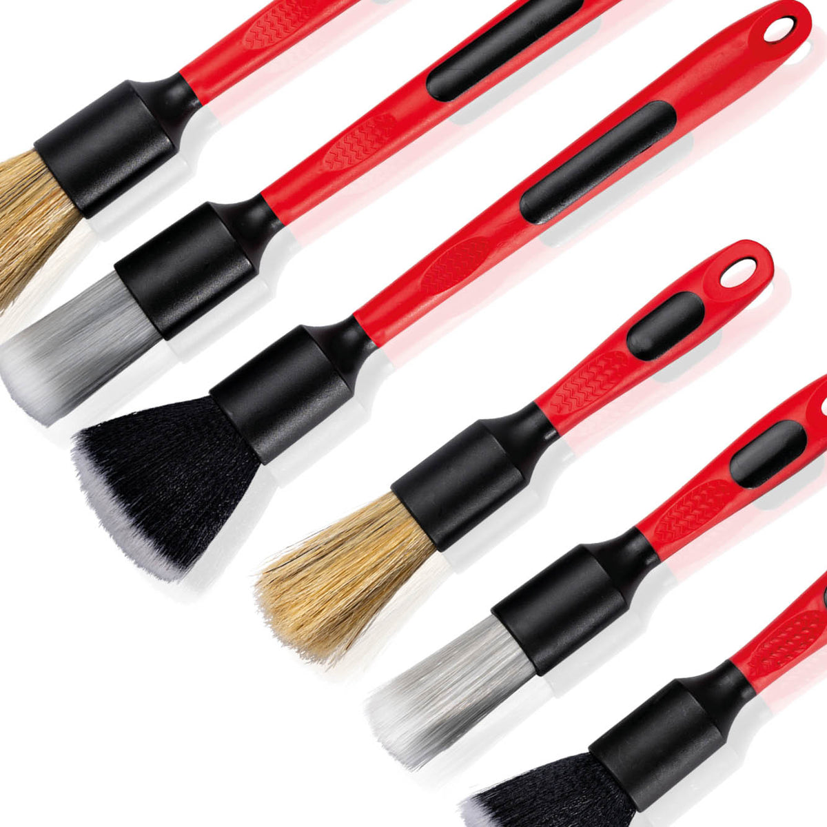 Full view of all six detailing brushes in the set