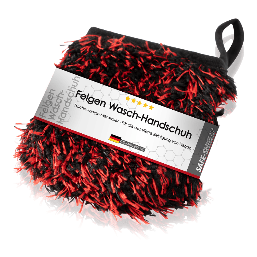 Safe-Shield Wheel Mitt: kompakter Felgen-Waschhandschuh mit schwarz-roter Mikrofaser und Daumenschlaufe