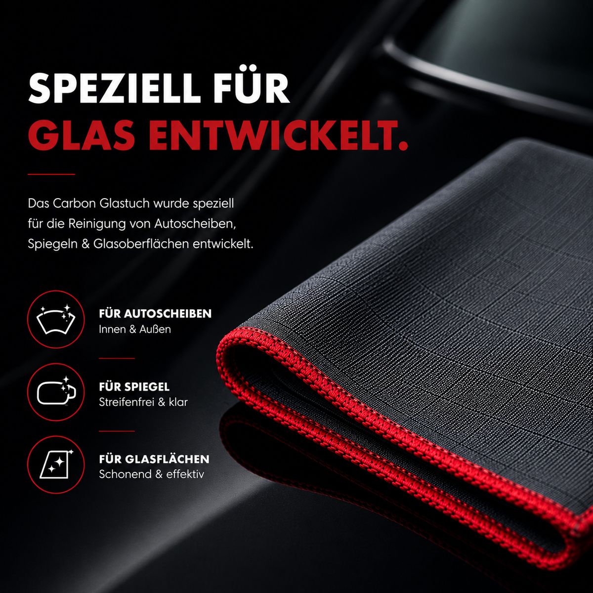 Carbon-Glastuch für Autoscheiben, Spiegel und Glasflächen mit roter Randeinfassung