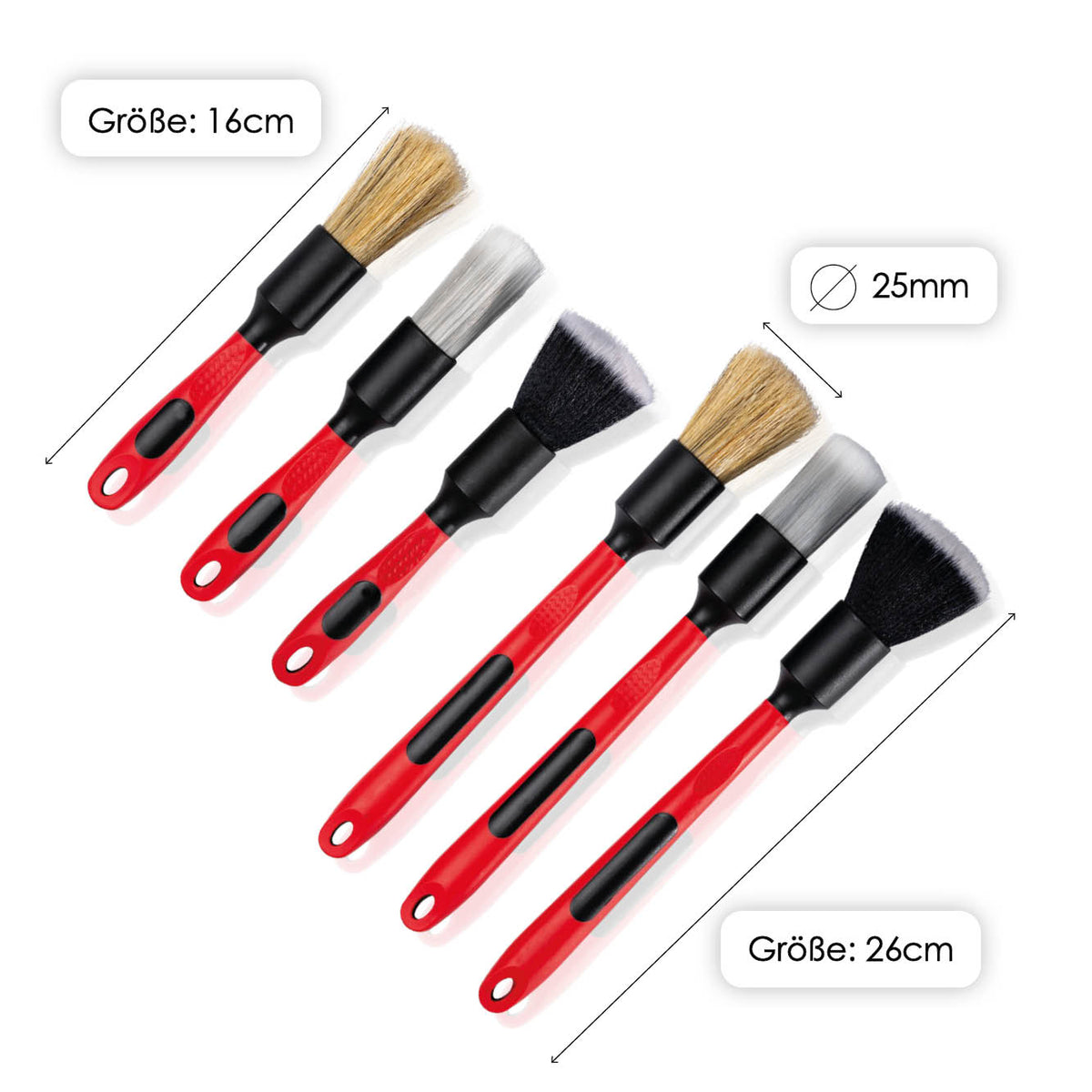 Detailing brush dimensions: 16 and 26 cm lengths, 25 mm diameter