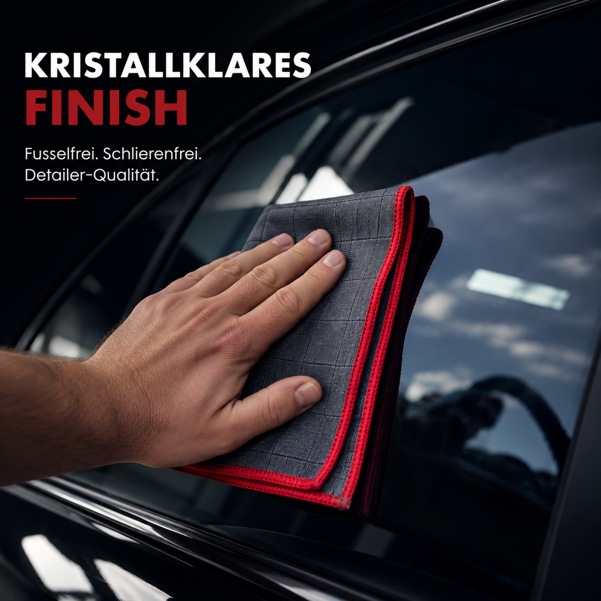 Carbon-Glastuch beim Nachwischen einer seitlichen Autoscheibe für ein klares Finish