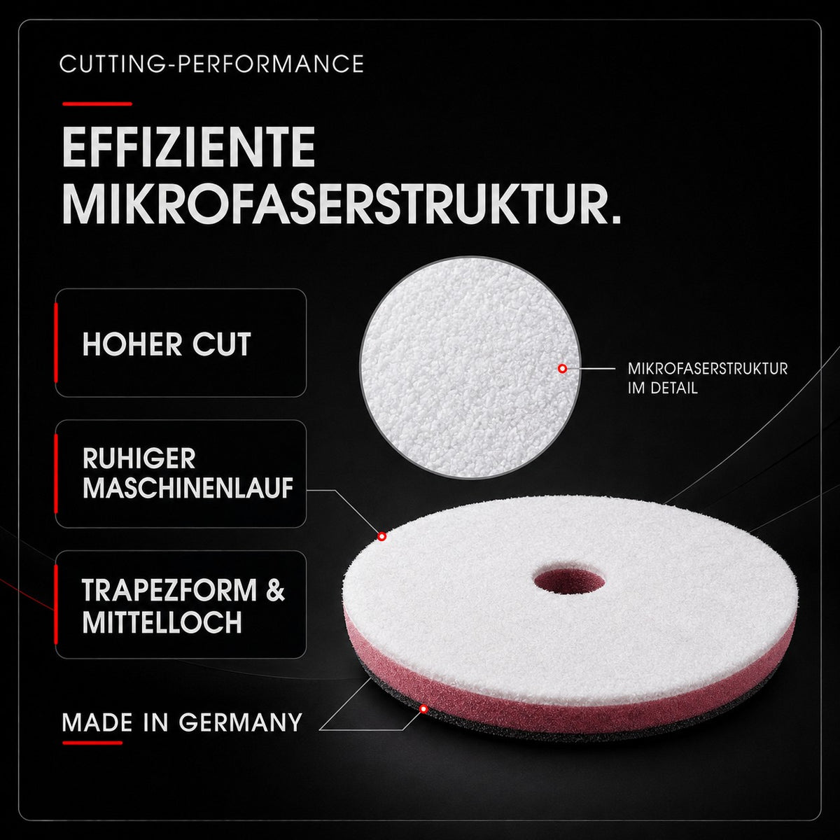 Mikrofaserstruktur des Cutting Polierpads mit Schaumstoff-Zwischenlage und Mittelloch