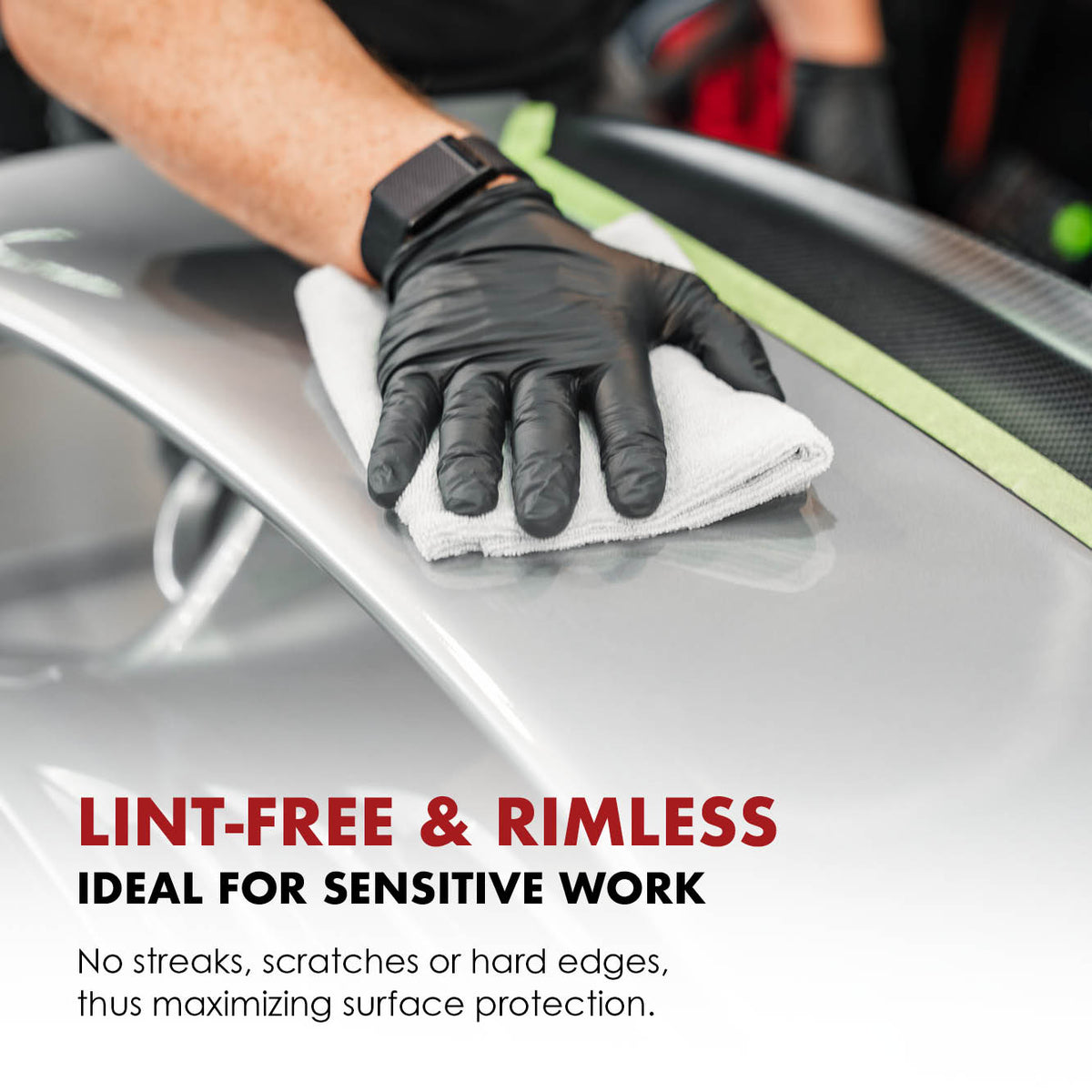 Safe-Shield 300 GSM microfibre cloth wiping a car paint surface.